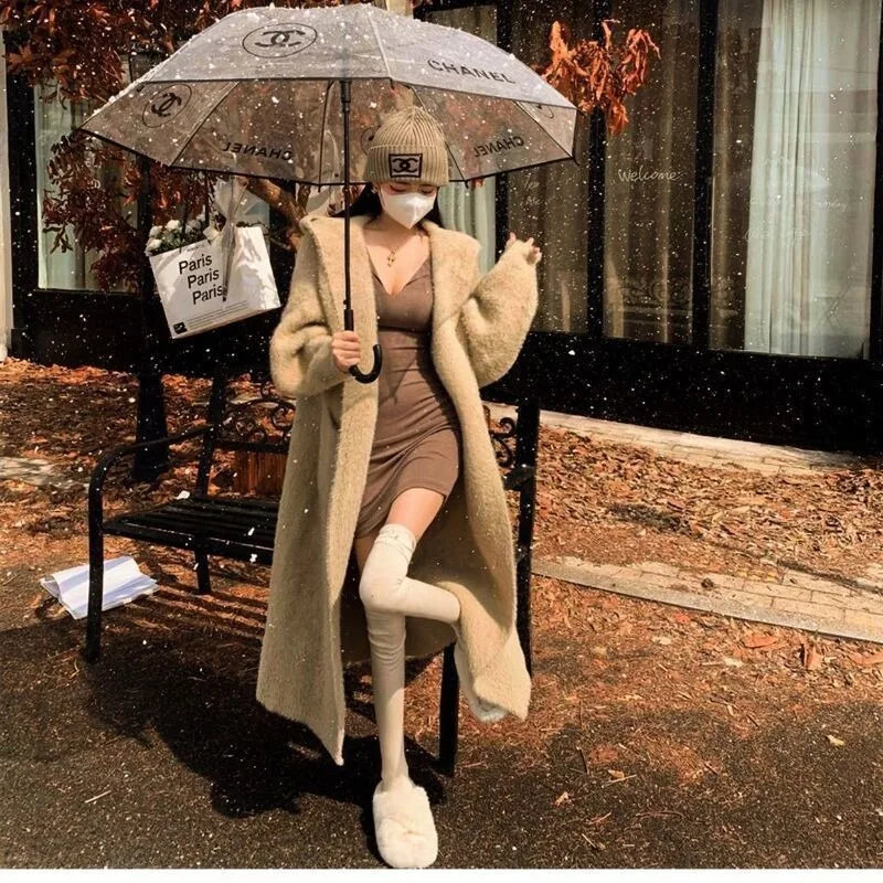 Thick hooded knitted cardigan jacket for knitted sweater autumn and winter women's gentle and lazy style knee length coat - Image 4