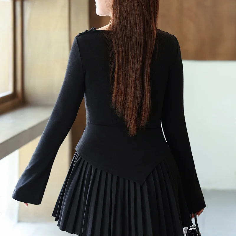 Swing Collar Fold Long Sleeve T-Shirt Plus Size Women Tees Minimalist Slim Sexy Off Shoulder Premium Top Autumn 2025