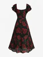 ROSEGAL Plus Size Rose Flower Print Ruched Split A-Line Dress 2026 New Arrived Women's Elegant Casual Maxi Dress Robe Vestidos - Image 3