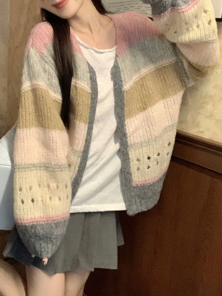 

2023 Autumn Knitted Hollow Out Coats Gentle Single Breasted Loose Sweet Cardigans Contrast Color Grunge Harajuku Sweaters Women