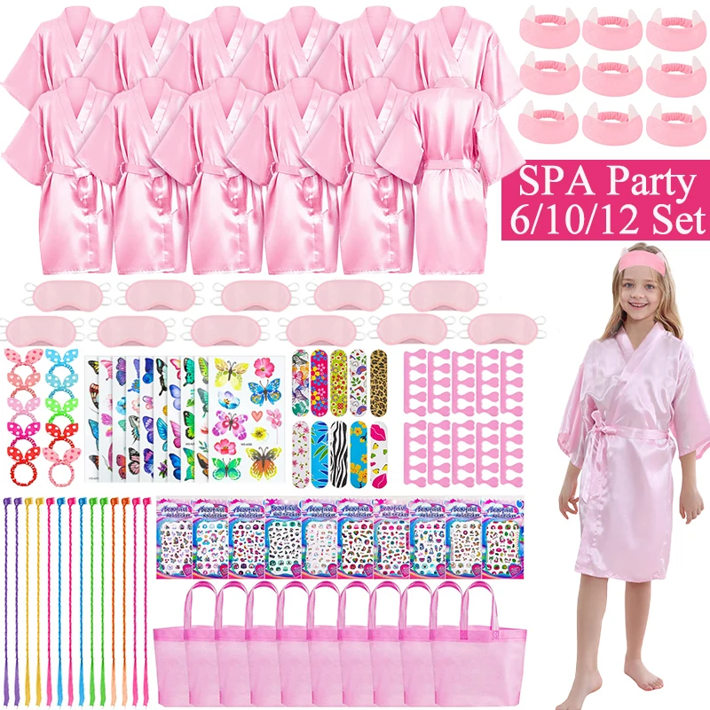 6/10/12 Set Spa Birthday Party Robes Gowns for Girls Kimono Satin Robe Hot Pink Spa Party Favors for Kids Child Birthday Spa Kit