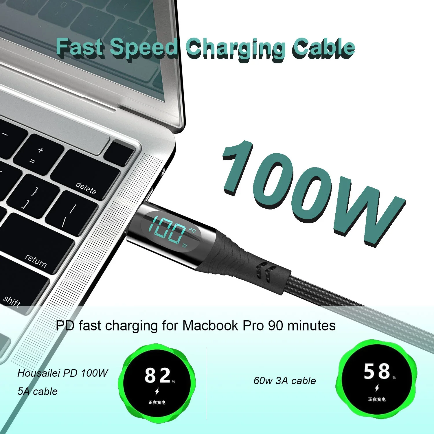 PD 100W USB 유형 C-USB C 케이블, iPhone 15 Pro Max Macbook 5A 고속 충전 충전기 데이터 와이어 코드 유형-C USBC 케이블 1M/2M