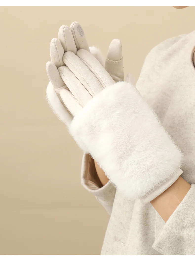 Women's autumn and winter rabbit fur gloves plus velvet thickened windproof and warm riding cold-proof touch screen suede gloves