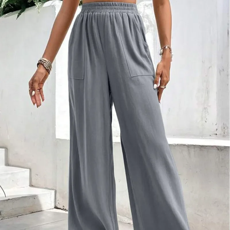 Minimalist Commuter Summer Women's 2024 New Spliced Elasticized Pocket Drawstring Solid Fashion Loose Casual Straight Leg Pants