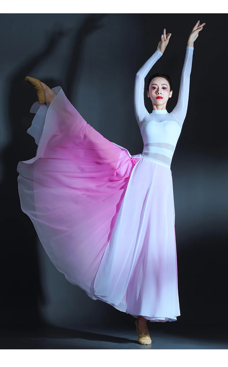 

Pink and White Classical Dance Costume Women Dancing Dress Long Sleeve Lyrical Dress Female Performance Clothing CD22003