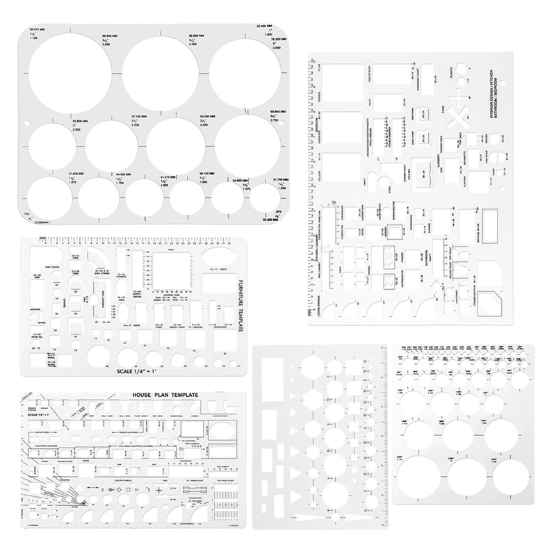 6Pcs Circle Template For Drafting, Geometric Shape Stencils Circle Square Measuring Ruler For Building Formwork Drawing