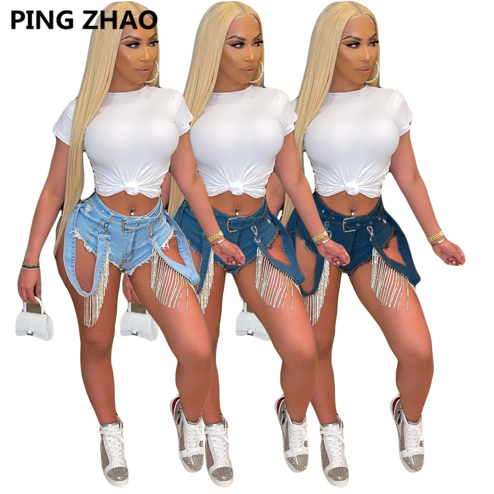 PING ZHAO   Women Diamonds Tassel Splicing Sexy Jeans Shorts for 2022 Summer Streetwear Classic Denim Pants Shorts bike shorts women