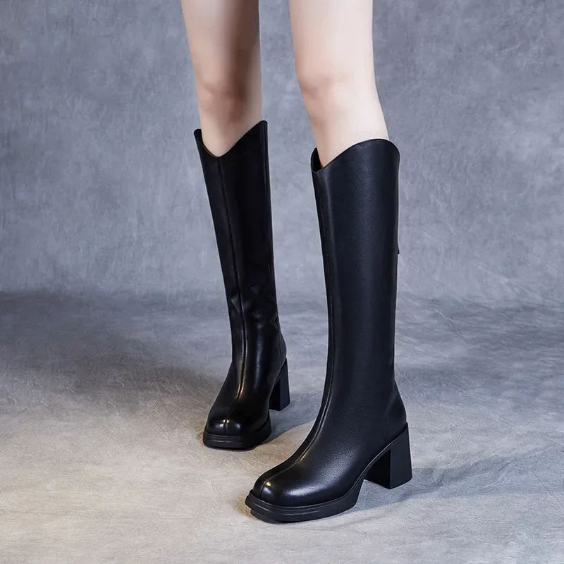 

Birkuir Genuine Leather Winter Short Plush Long Boots For Women Thick Heel Shoes Back Zippers Snow Boots Luxury Knight Boots