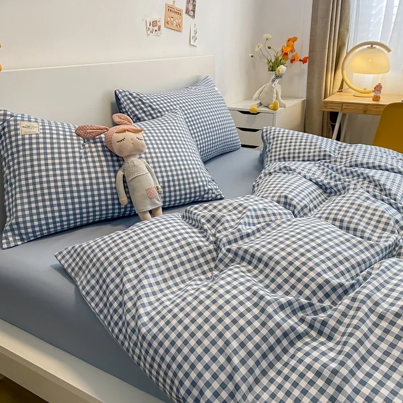 Black White Small Checks Printed Bed Set Floral Duvet Cover Pillowcase Bedding Set Bed Sheet Quilt Cover Single Queen King Size 3