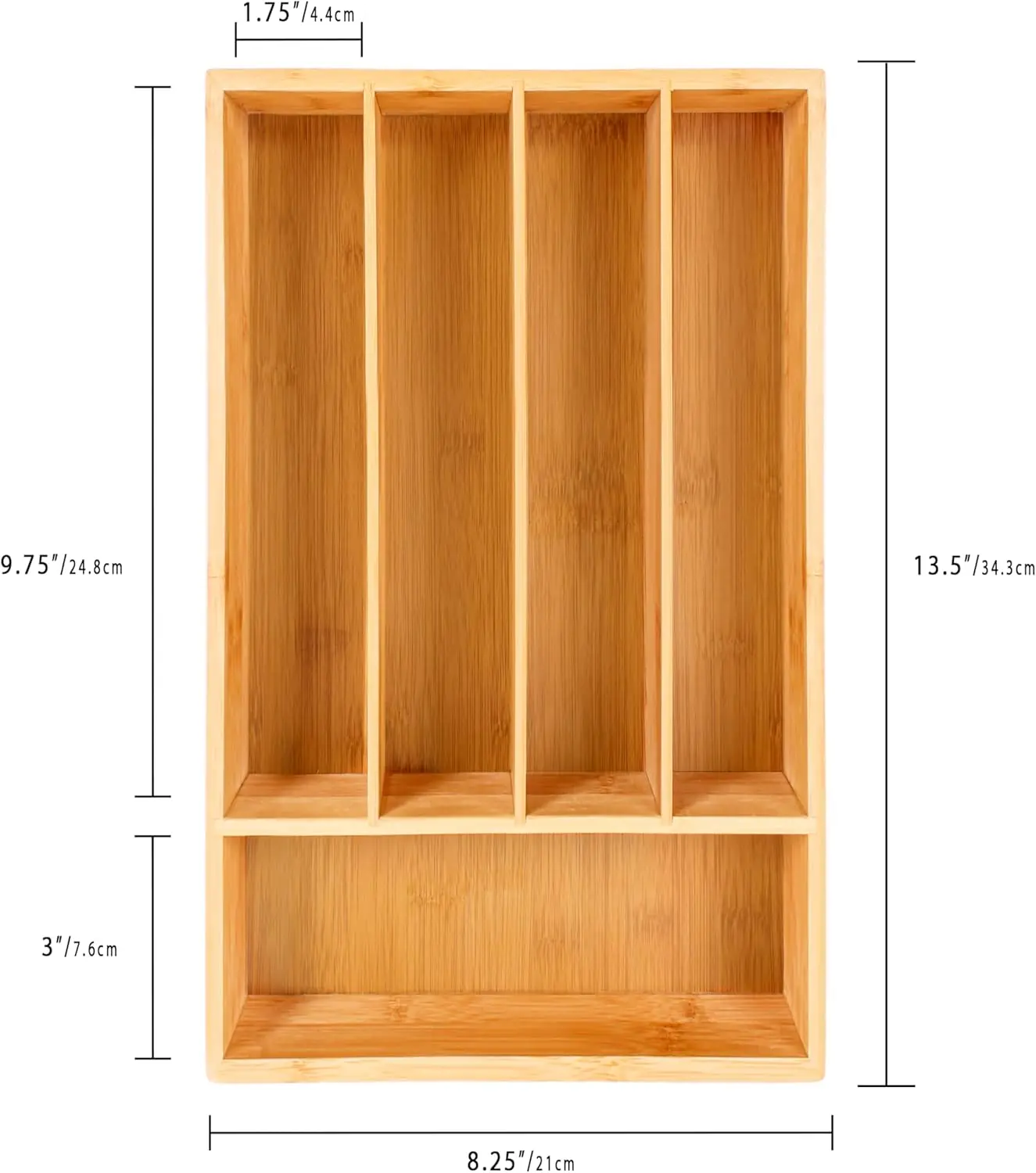 Bamboo Flatware Organizer 5-slot, 13.5" x 8.25", Natural, Fit in any size of drawer, great for spoons, forks, knives, scissors, 2