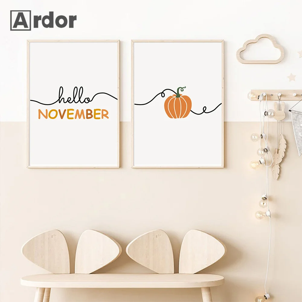 Halloween Pumpkin Canvas Painting Hello Autumn Quotes Poster and Prints Children Cartoon Wall Art Pictures Kids Bedroom Decor wall art canvas painting boku no my hero academia midoriya bakugou anime manga wall poster prints children room decor pictures