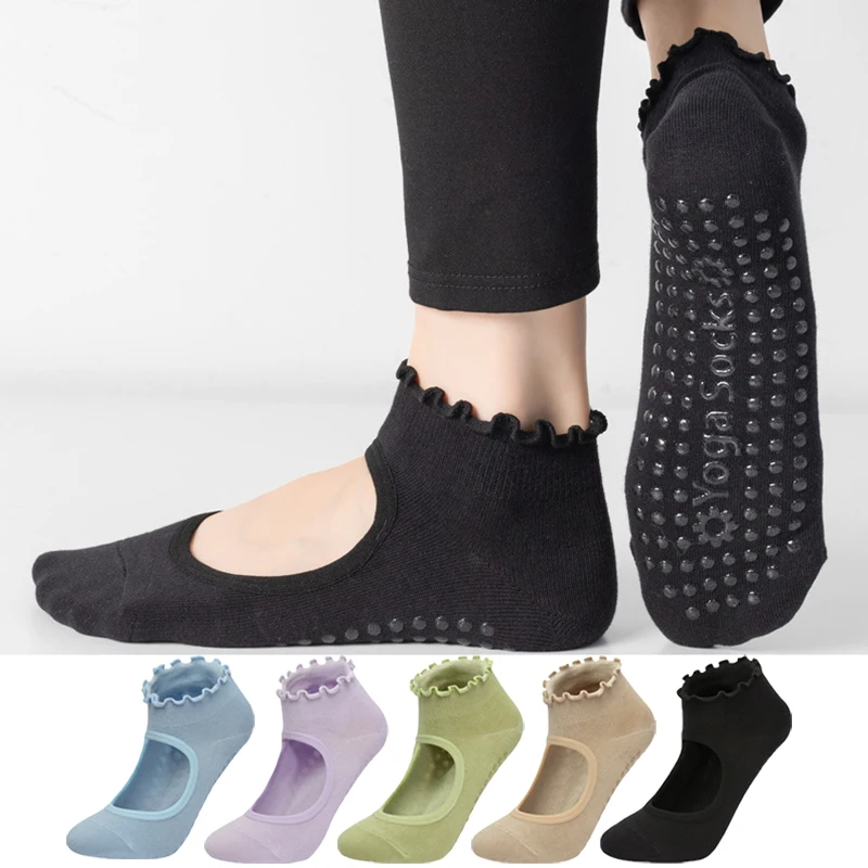 Yoga Socks Women Cotton Lettuce Trim Nonslip Silicone Dance Sport Ballet Pilates Grip LowAnkle