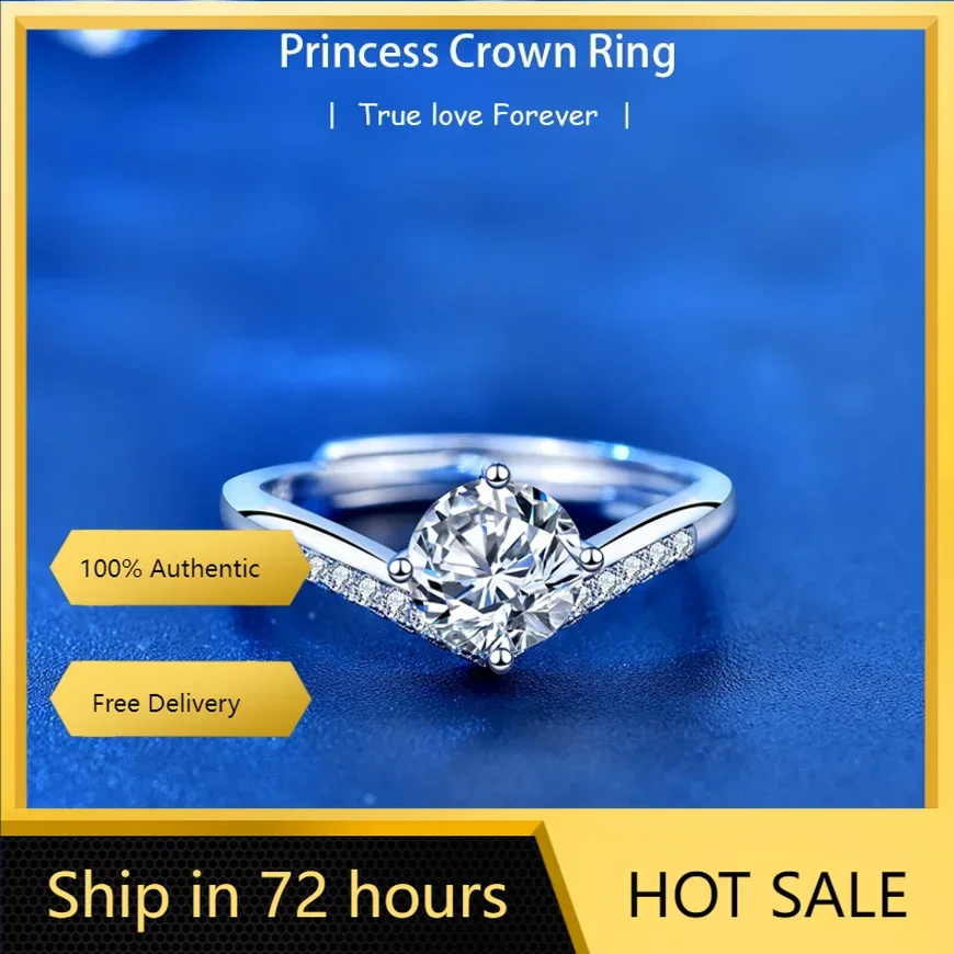 JIAOZHAN S925 Silver Adjustable Princess Ring Moissan Diamond Crown Hand Jewelry V Shape Love Diamond Fashion Jewelry 1 carat