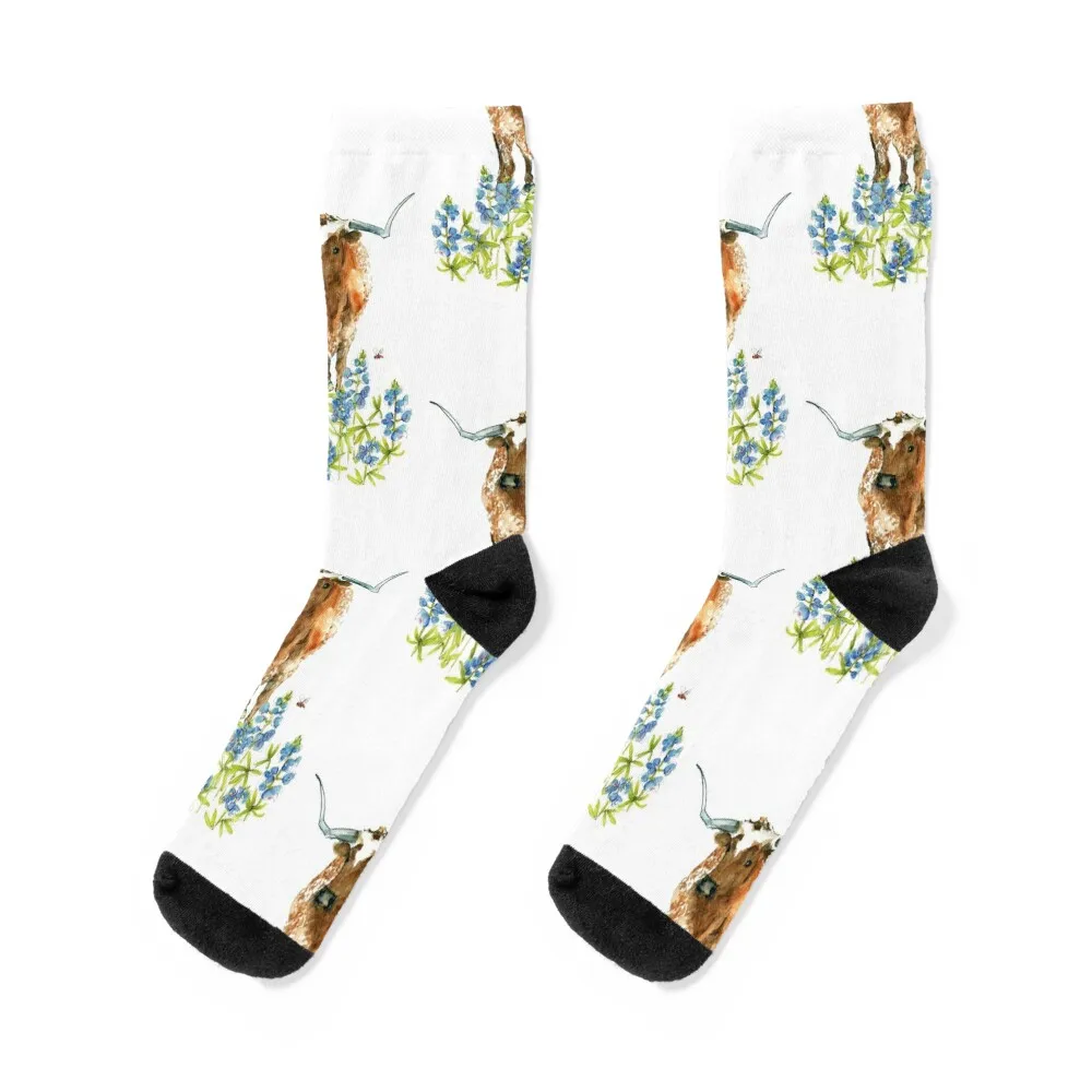 

Texas Longhorn in Texas Bluebonnets Socks custom sports essential hiking Men Socks Women's