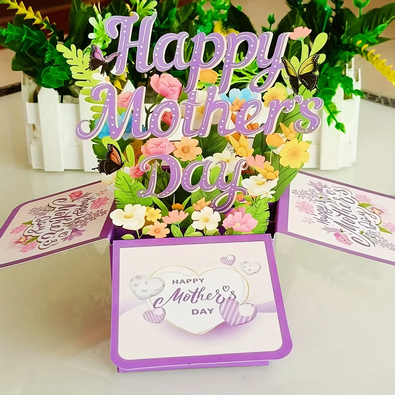 1pc 3D Pop-Up Mother's Day Father&rsquo;s Day Card with Envelope Laser-Cut Purple Floral Design Heartfelt Gift for Mom father