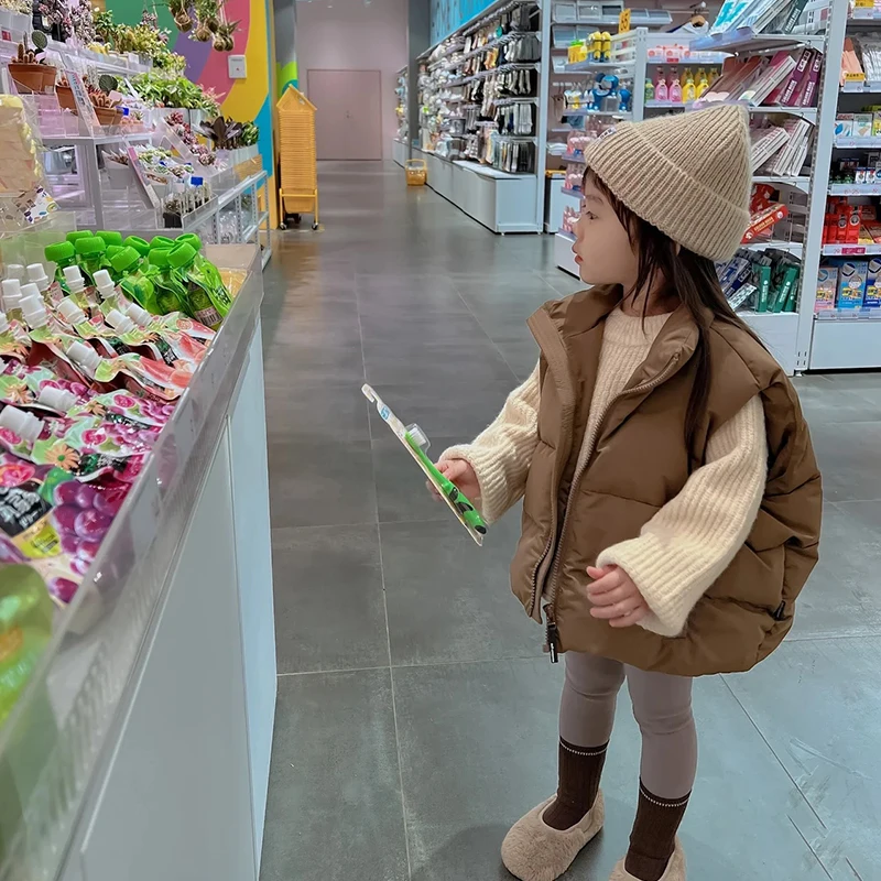 어린이 겨울 후드 조끼, 2024 단색 따뜻한  조끼, 면 패딩,  소녀 민소매 재킷 TR175