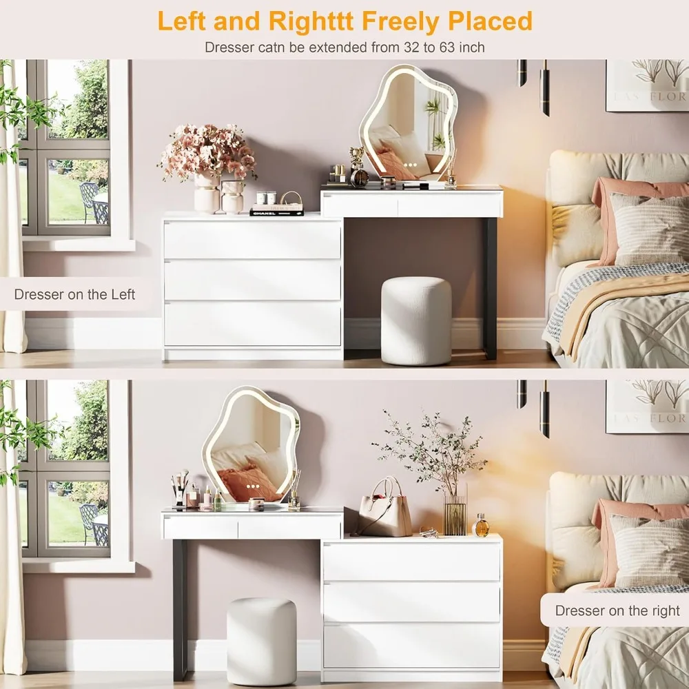 58" L-Shaped Corner Makeup Vanity Desk with LED Mirror Lights, Glass Top & Storage Drawers for Bedroom