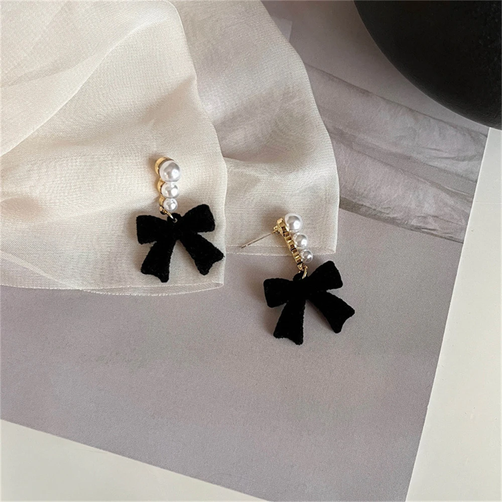 Bowtie Earrings for Women Girls Simulated Pearl Cloth