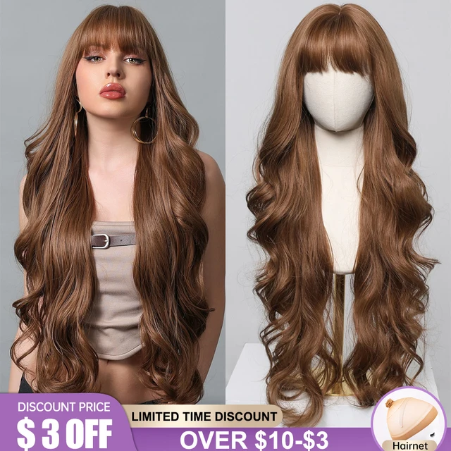 GEMMA Super Long Golden Brown Wavy Synthetic Wigs with Bangs for Women Daily Cosplay Party Use Natural Heat Resistant Hair Wig