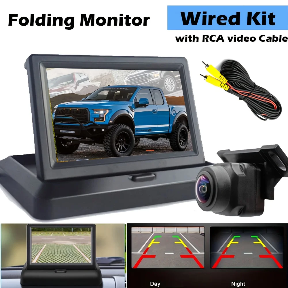 Bileeko Araç Arka Görüş Kiti, 4.3 inç Katlanabilir Monitörlü Yedek Kamera Kablolu RCA Video Kablosu/Kablosuz Verici Opsiyonel