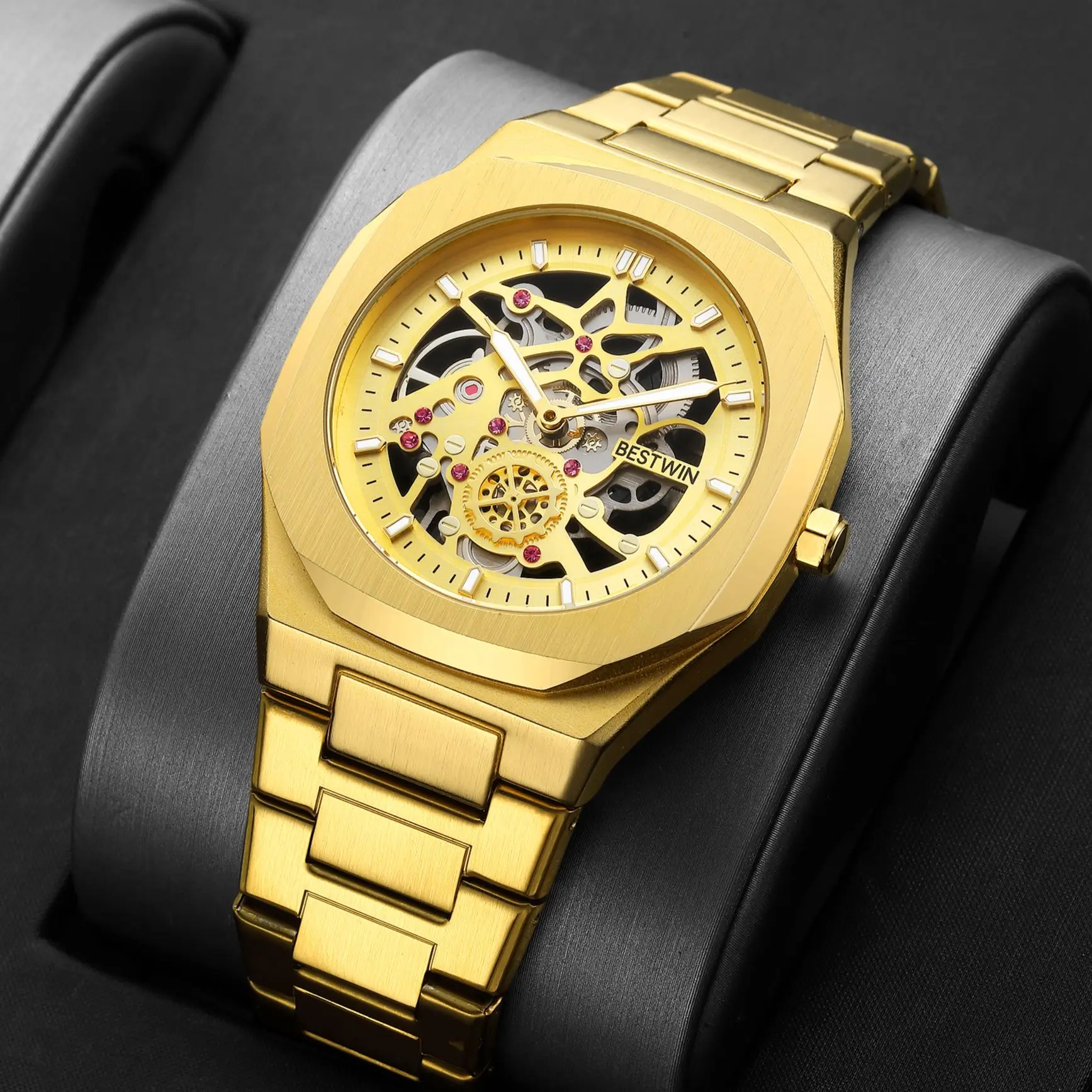 New Octagonal Design Quartz Wristwatches Men Golden Stainless Steel Dress Watch Date/Week Functions Luxury Clock Man 2023