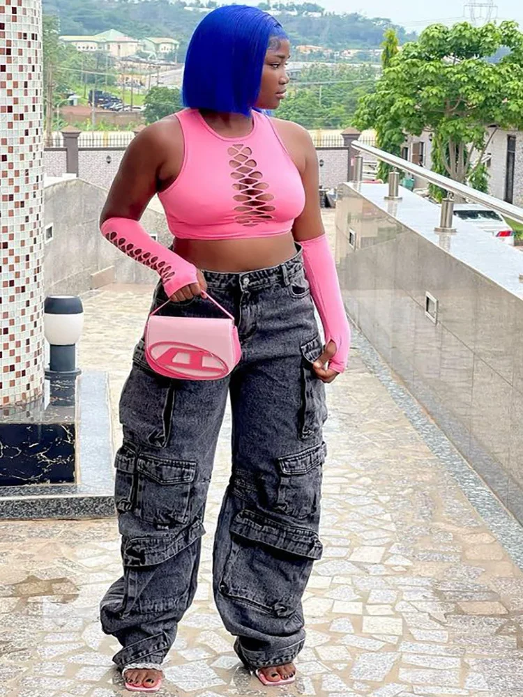 Wmstar Jeans Women Denim Bottom Boy Friend Straight Cargo Pants High Waist Korean New Fashion Streetwear Wholesale Dropshipping