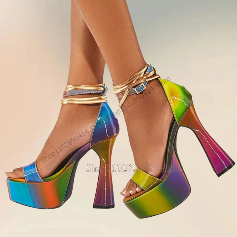 

Rainbow Color Patent Leather Platform Sandals Ankle Buckle Strap Women Shoes Chunky High Heels Open Toe 2023 Zapatos Para Mujere