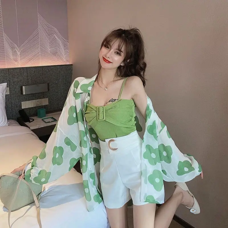 Korean Version Sweet Fashion Set for Women's 2023 Summer New Arrival Sunscreen Shirt Strap Wide Leg Shorts Three Piece Sets 3d print fashion man clothes streetwear new arrival men s polo shirts sets summer casual golf t shirt shorts tracksuit suit