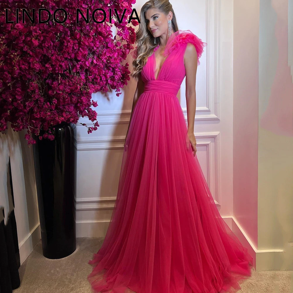 

Sexy V-neck Maxi Prom Dresses Rose Pink Layer Vestidos De Noche Sleeveless فساتين السهرة Vestidos De Noche Robes De Soirée