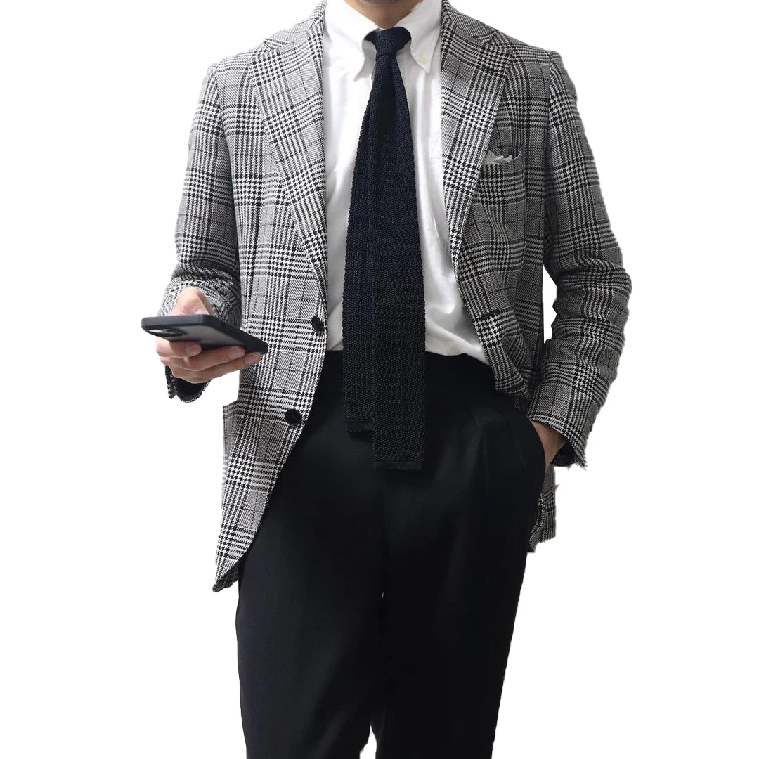 Men Suit Tailor-Made 2 Pieces Plaid Blazer Black Pants Single Breasted Wedding Groom Business Work Wear Causal Prom Tailored
