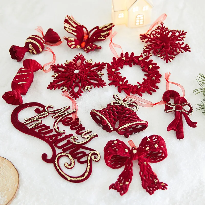 Exquisite2026 New Year Flocked Velvet Christmas Bowknot Pendant Wine Red Snowflake Bells Snowflake Reindeer Christmas Pendant