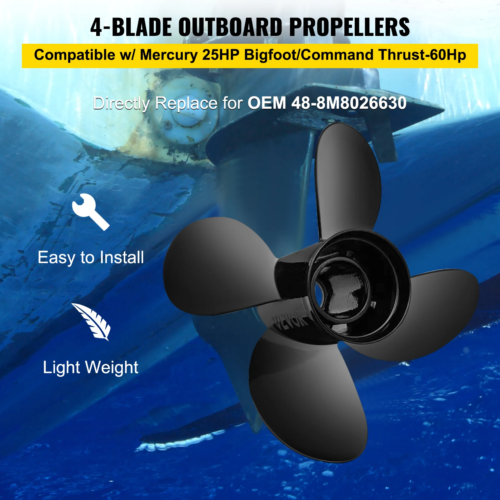 SucceBuy Outboard Propeller for OEM 48-8M8026630 4-Blade 10.3"x13" Aluminum Propeller Compatible 60Hp Outboard 13 Tooth Splines