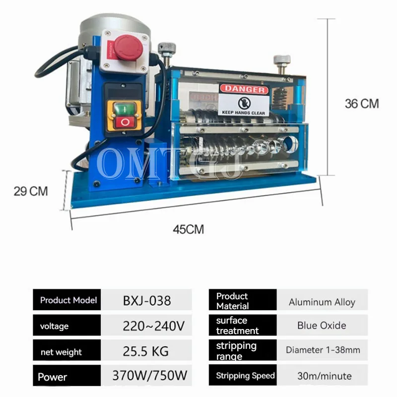 Electric Wire Stripping Machine 1.5-38mm Cable Stripper Copper Peeler For Copper Aluminium Wire Recovery 370W 750W
