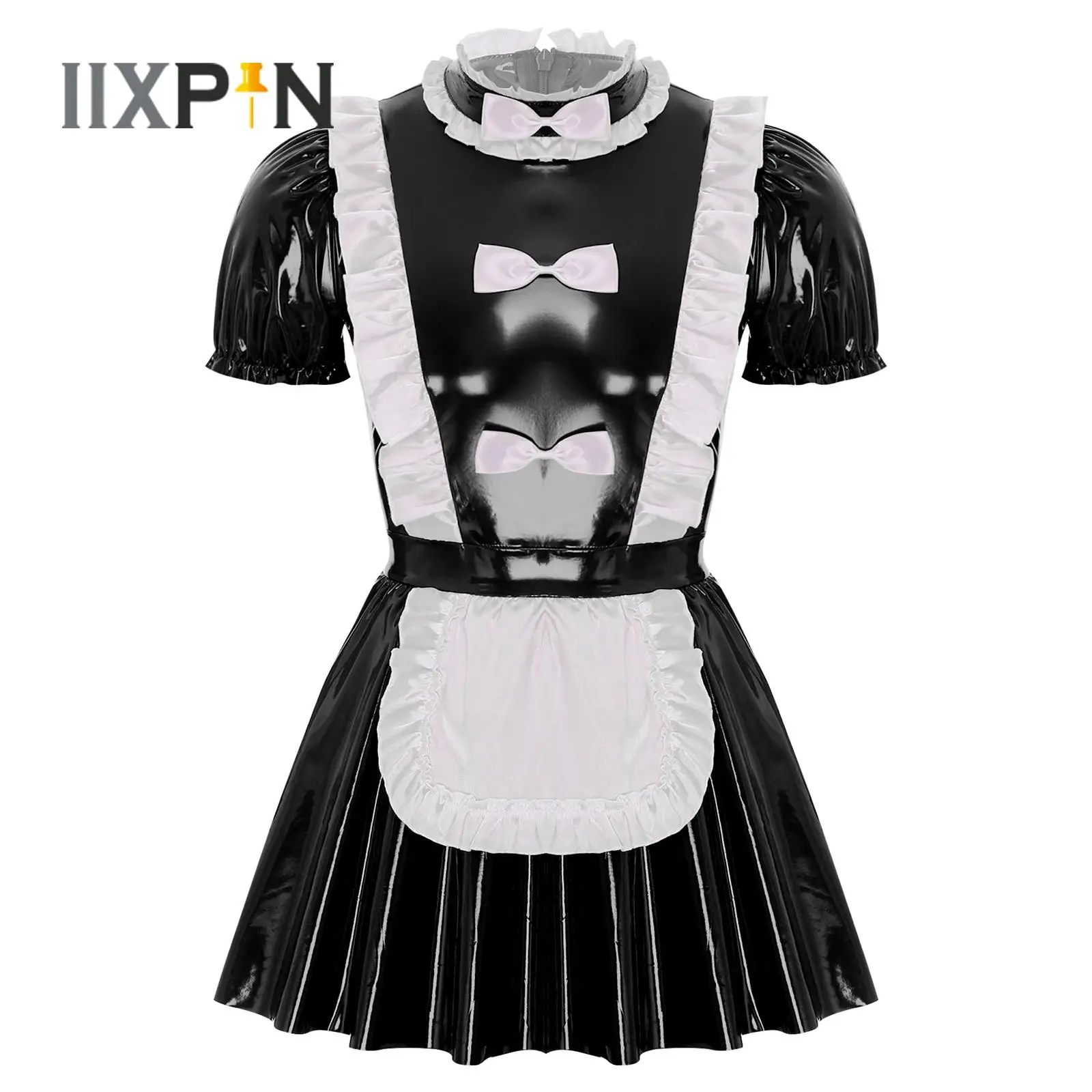 

Mens Sissy Maid Dress Sexy Lingerie Glossy Patent Leather Bow Apron A-Line Dress Halloween Naughty Maid Cosplay Uniform Clubwear