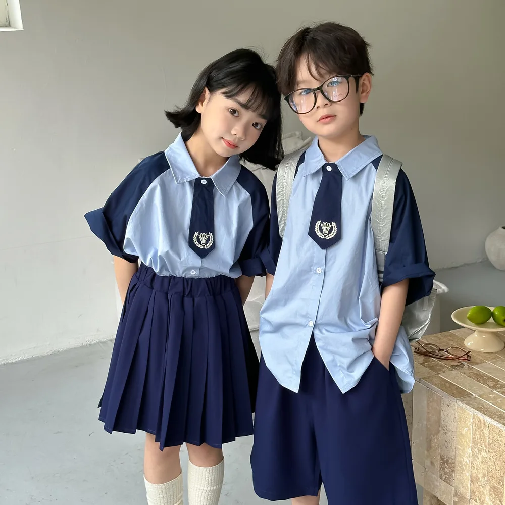 

Children Clothing Suit 2024 Summer Boys Girls Pleated Skirt Bowtie Short Sleeve Shorts School Uniform Brother and Sister Suit