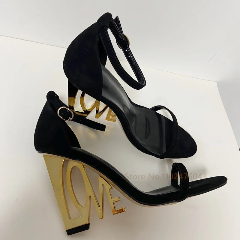 

New LOVE Letter Metal Carving High-heeled Sandals Women's Word With Sexy Roman High-heeled Shoes European and American Style