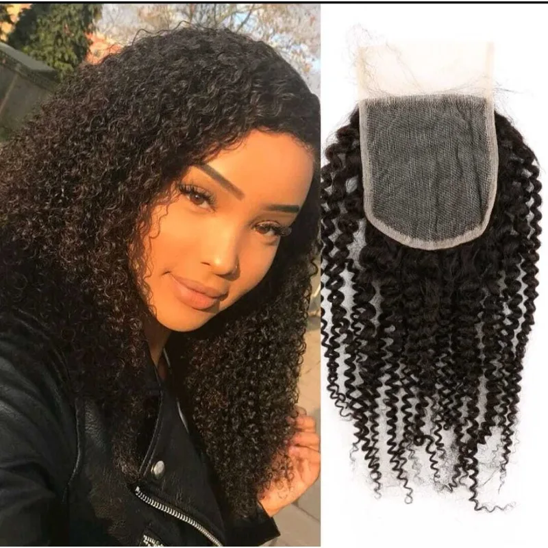 Afro Kinky Curly Lace Closure Human Hair 4x4 Lace Closure Free Part Transparent Baby Hair Brazilian Remy Extension