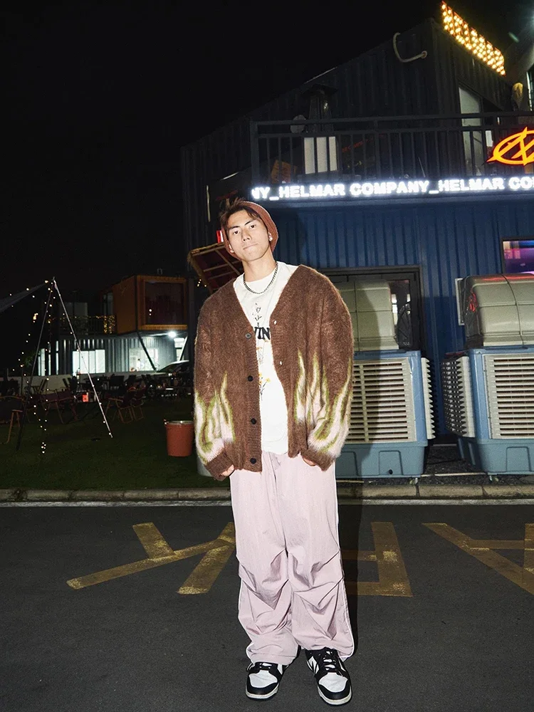 남녀공용 아메리칸 캐주얼 플레임 자카드 디자인 니트 가디건, 커플 하라주쿠 빈티지 V넥 코트, 힙합 루즈 니트 스웨터