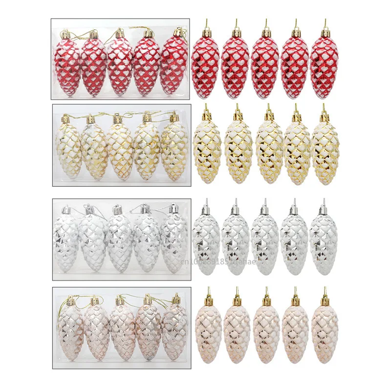 5pcs Christmas Pine Cone Ball Decor Christmas Tree Hanging Ornament Gold Red Plastic Pine Cone for Christmas Home Decorations