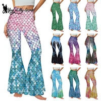 [You're My Secret] Women Mermaid Style Bell Bottom Pants Fish Scale Print Elastic High Waisted Sexy Colorful Shiny Flare Pants 1