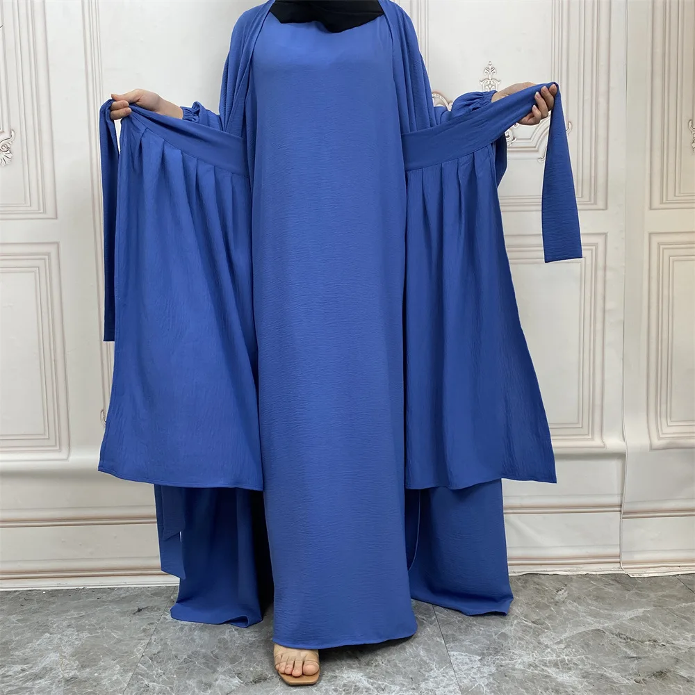 3 Pieces Matching Outfit Muslim Sets Crinkle Crepe Abayas for Women Dubai Turkey Open Abaya Hijab Dress Wrap Skirt African Islam