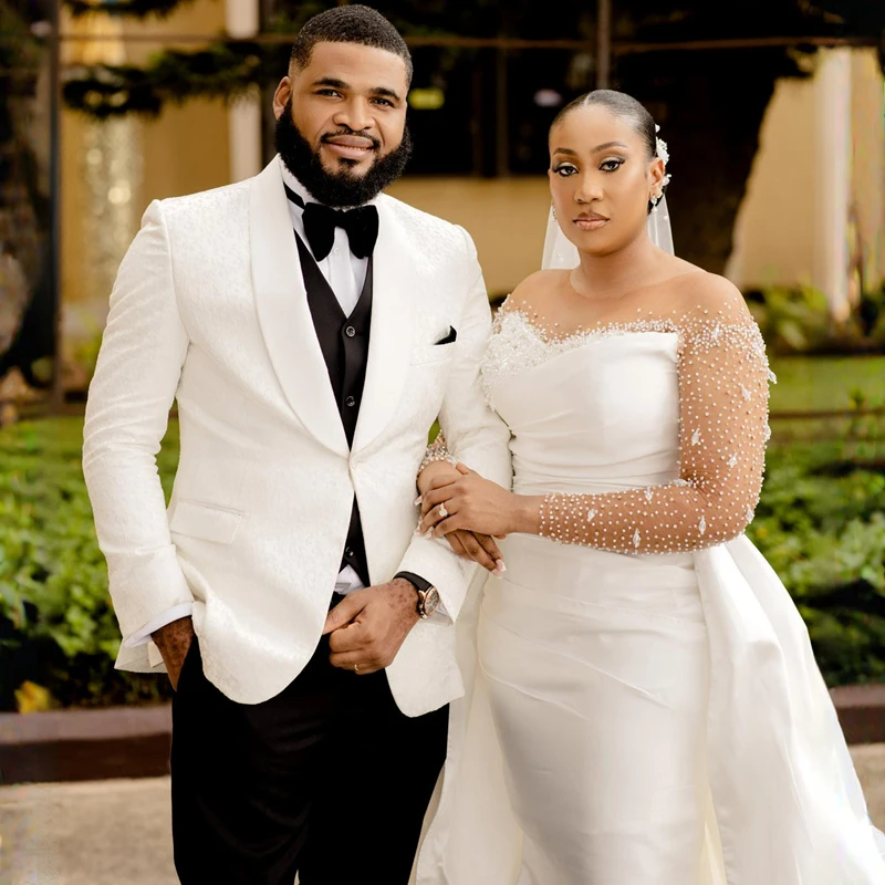 Robe De Mariée De Jardin À Encolure Dégagée Personnalisée, Manches Longues, Aso Ebi, Poignées De Trompent, Perles Kendny, Paillettes, Train Amovible, Romantique 7 S70E7D13A66F44A54902D7Ca72291B4B0S