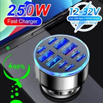Caricabatteria da auto da 250 W a 10 porte Ricarica rapida PD QC3.0 Caricatore per telefono da auto USB C Adattatore di tipo C in auto per iPhone Samsung Huawei Xiaomi