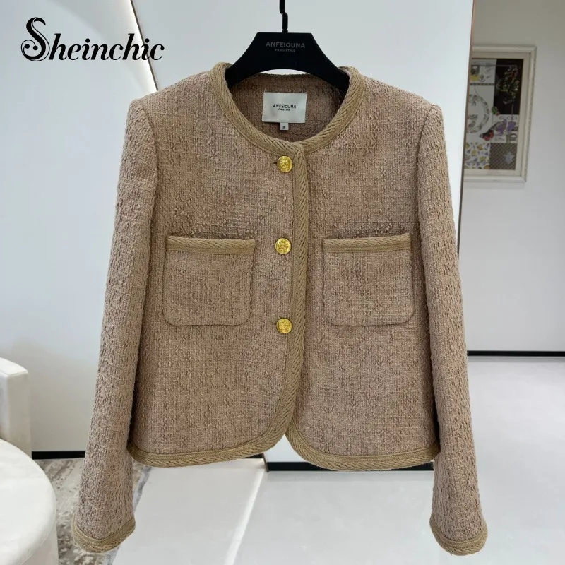 

Autumn Winter Outfits for Women Luxury Designer Elegant O-neck Short Wool & Blends Coats 2023 Khaki Manteau Femme Hiver