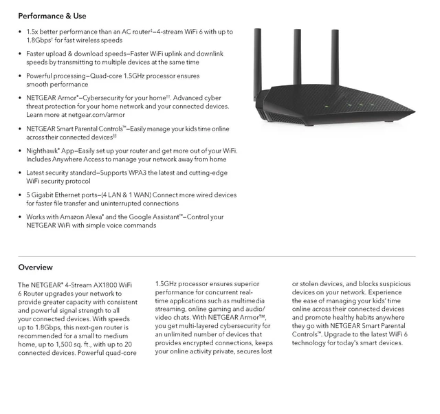 Routeur WiFi 6 Dual Band AX1800 4 Stream - RAX10