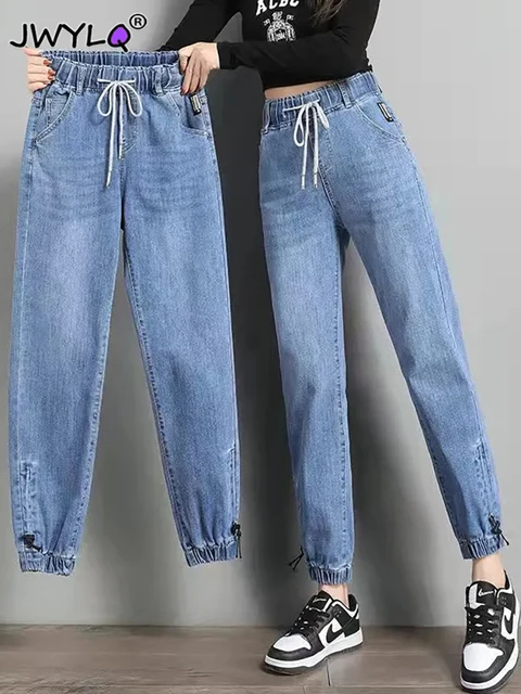 High Waist Drawstring Harem Baggy Jeans Women Spring Autumn All-match Streetwear Ankle Length Denim Trousers Casual Mom Jean New