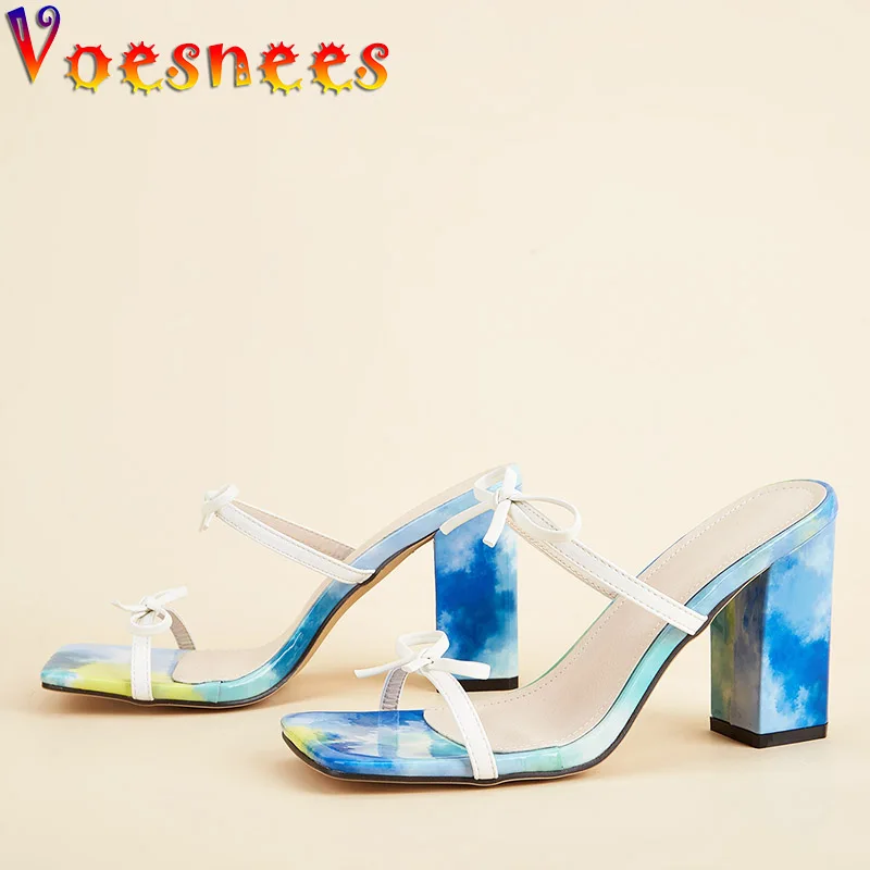 

Women Mix Color Slippers Non-Slip Square Head Sandals Designer Fashion Summer Party Shoes Sexy Narrow-band Bowknot High Heels