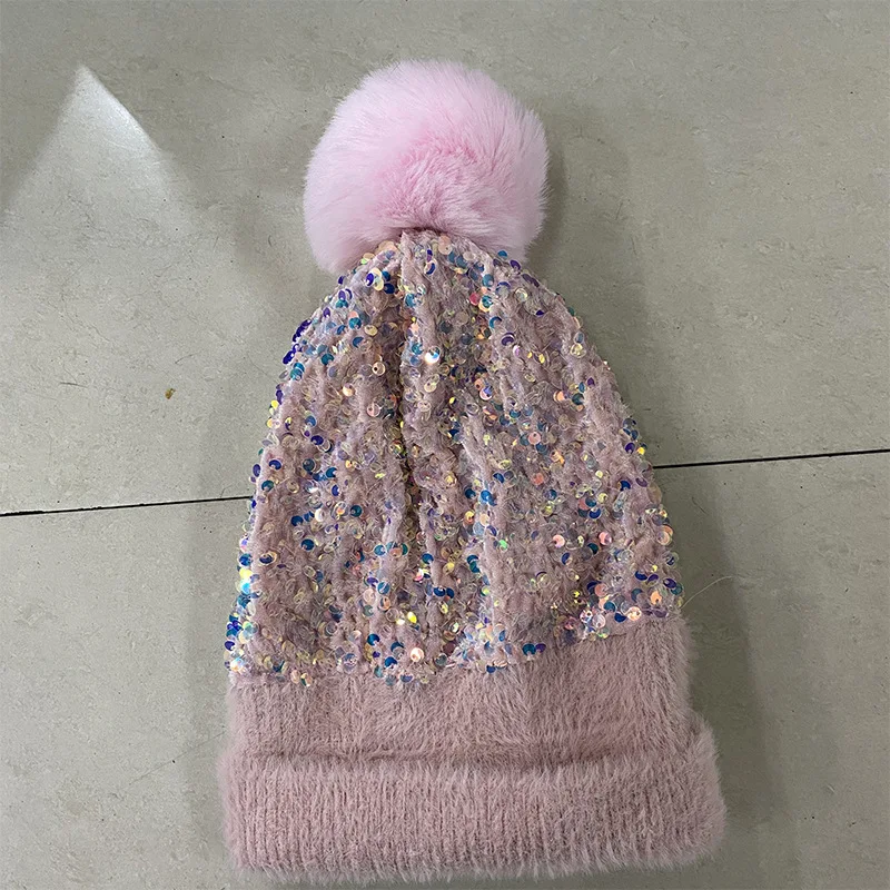 New hat knitted beanie autumn winter sequined furball hat women's korean version women's fashion thickened winter toe hat_voghion.com