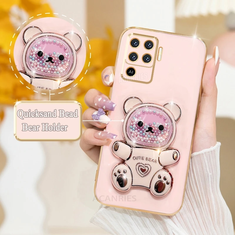 Cute Plating Quicksand Bear Stand Silicone Case