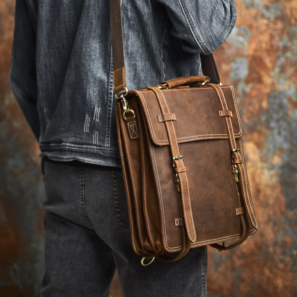 Genuine Leather Vintage NASVA Men's Backpack Crossbody Bag Handbag Satchel Messenger Bag  Leather Laptop Pouch 3